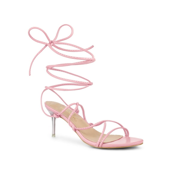 BLISSFUL STEP Women's Lace Up Open Toe Strappy Stiletto Heels Sandals Pink (Size 6)