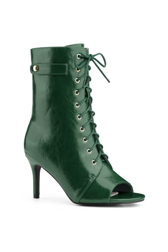 Women's Ankle Boots Stiletto Heel Peep Toe Lace Up Side Zip Faux Leather Booties Dark Green 9