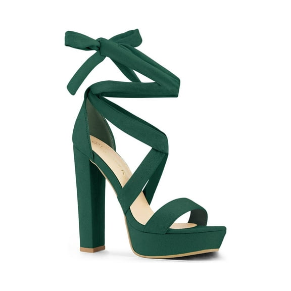 BLISSFUL STEP Women's Lace Up Platform Block Heel Sandals Emerald Green 9