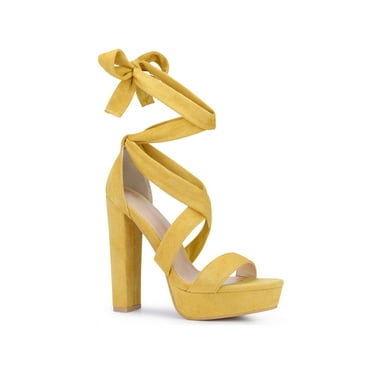 Allegra K Women's Lace Up Platform Block Heel Sandals Yellow (Size 6)