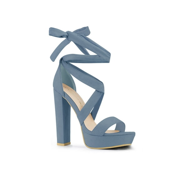 BLISSFUL STEP Women's Lace Up Platform Block Heel Sandals Haze Blue 10.5