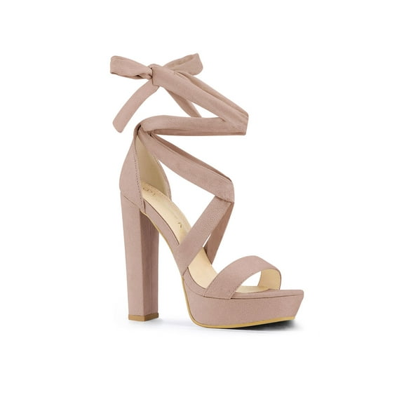 BLISSFUL STEP Women's Lace Up Platform Block Heel Sandals Dust Pink 8