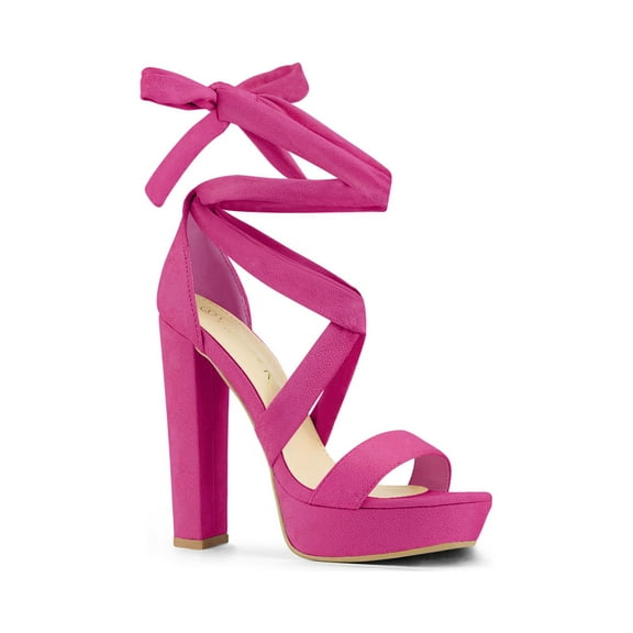 BLISSFUL STEP Women's Lace Up Platform Block Heel Sandals Hot Pink 6