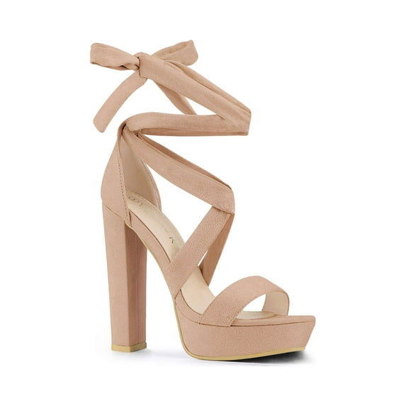 BLISSFUL STEP Women's Lace Up Platform Block Heel Sandals Nude 9