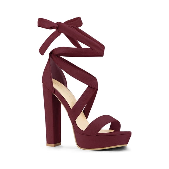 BLISSFUL STEP Women's Shoes Platform High Heel Lace Up Open Toe Chunky Heel Sandals  Burgundy 6