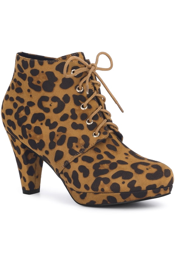 Women's Ankle Boots Lace Up Platform Chunky Heel Leopard 9.5