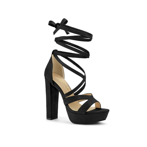 BLISSFUL STEP Women's Lace Up Platform Block High Heel Sandals Black 6