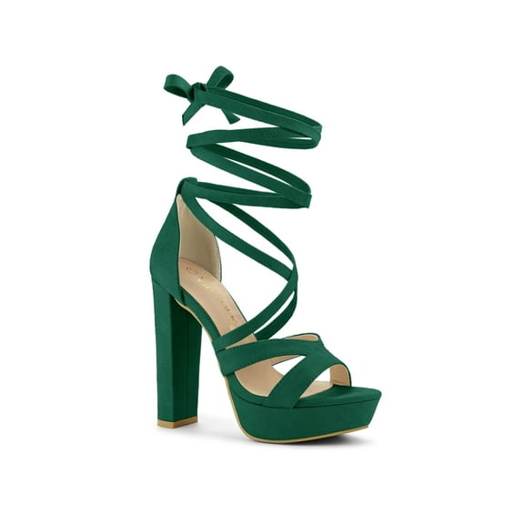 BLISSFUL STEP Women's Lace Up Platform Block High Heel Sandals Emerald Green 9.5