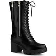 thumbnail image 1 of BLISSFUL STEP Women's Lace Up Platform Block Heel Mid Calf Combat Boots Black 9.5, 1 of 7