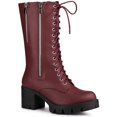 thumbnail image 1 of BLISSFUL STEP Women's Lace Up Platform Block Heel Mid Calf Combat Boots Burgundy 8, 1 of 7