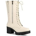 thumbnail image 1 of BLISSFUL STEP Women's Lace Up Platform Block Heel Mid Calf Combat Boots Beige 8, 1 of 7