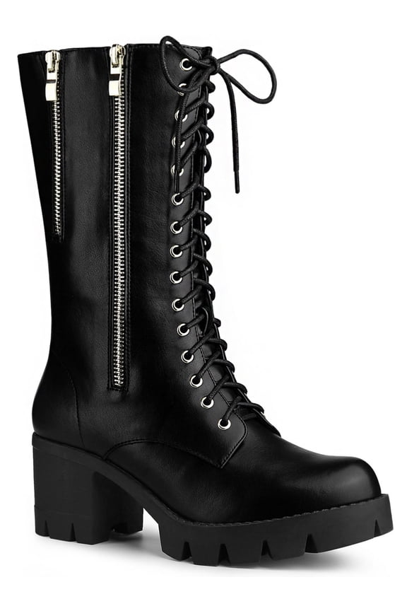 Women's Lace Up Platform Block Heel Mid Calf Combat Boots Black 8