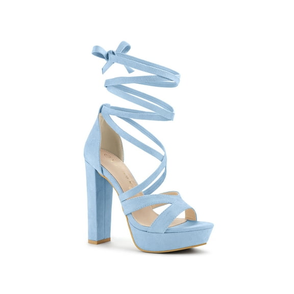 BLISSFUL STEP Women's Lace Up Platform Chunky High Heels Sandals Sky Blue (Size 7)