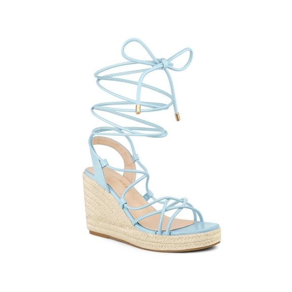 BLISSFUL STEP Women's Lace Up Platform Heel Espadrilles Wedge Sandals Sky Blue 7.5