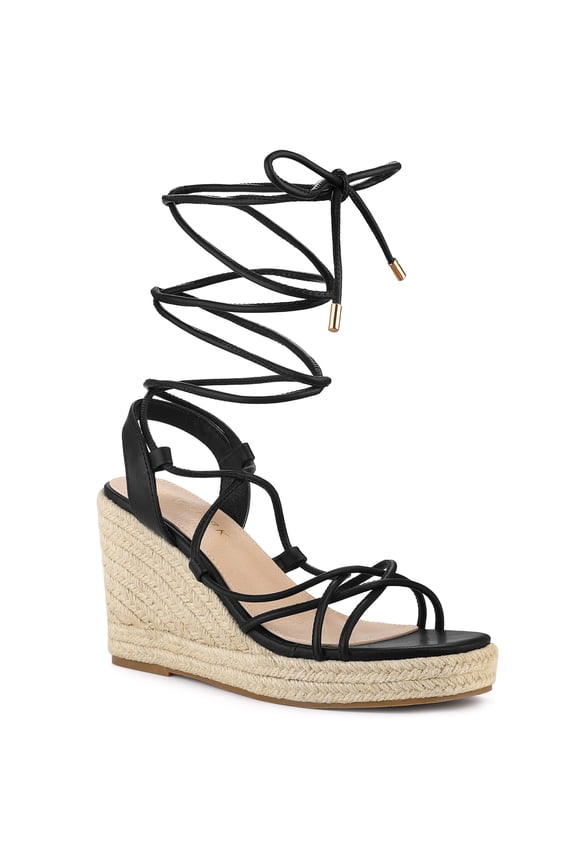 Women's Lace Up Platform Heel Espadrilles Wedge Sandals Black 10