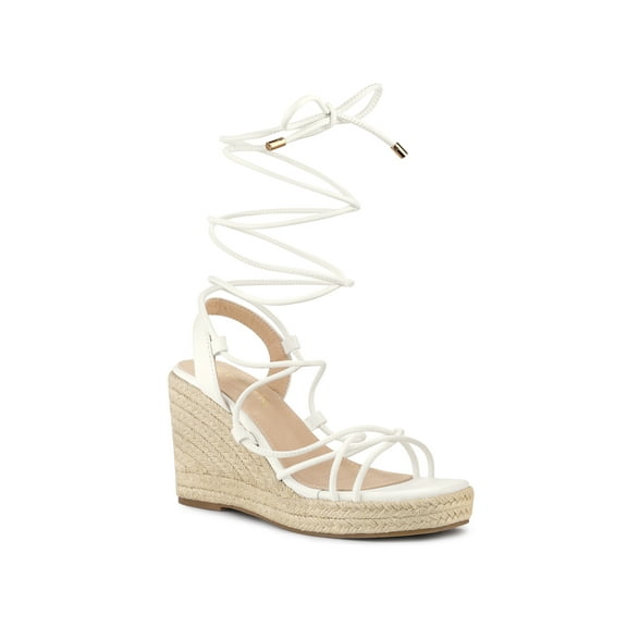 BLISSFUL STEP Women's Lace Up Platform Heel Espadrilles Wedge Sandals White 7