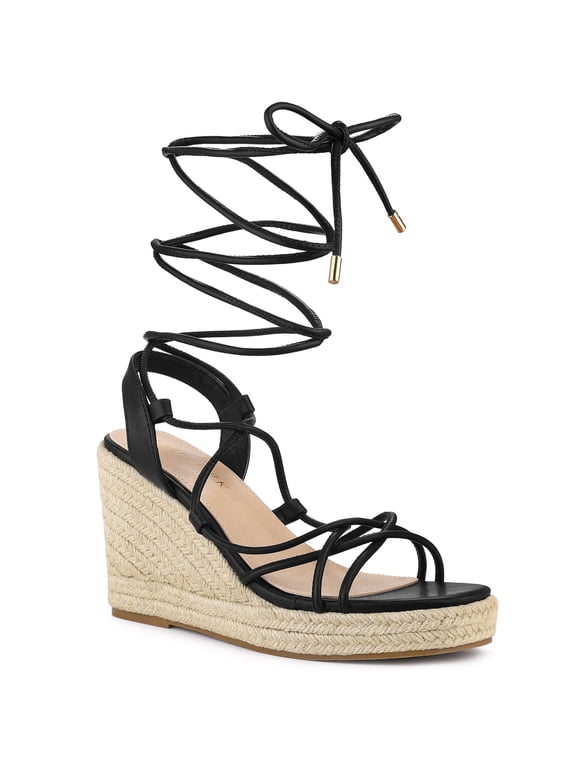 Women's Lace Up Platform Heel Espadrilles Wedge Sandals Black 8.5