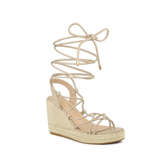 BLISSFUL STEP Women's Lace Up Platform Heel Espadrilles Wedge Sandals Beige 10