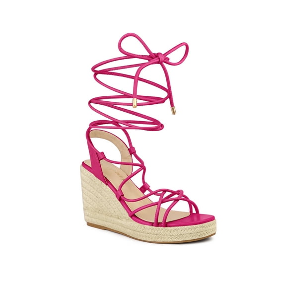 BLISSFUL STEP Women's Lace Up Platform Heel Espadrilles Wedge Sandals Hot Pink 9