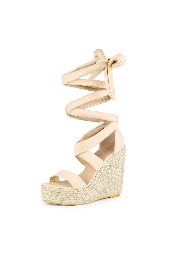 Women's Shoes Faux Suede Platform Wedge Heel Lace Up Open Toe Sandals Beige 7