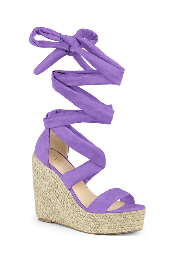Women's Shoes Faux Suede Platform Wedge Heel Lace Up Open Toe Sandals Purple 9