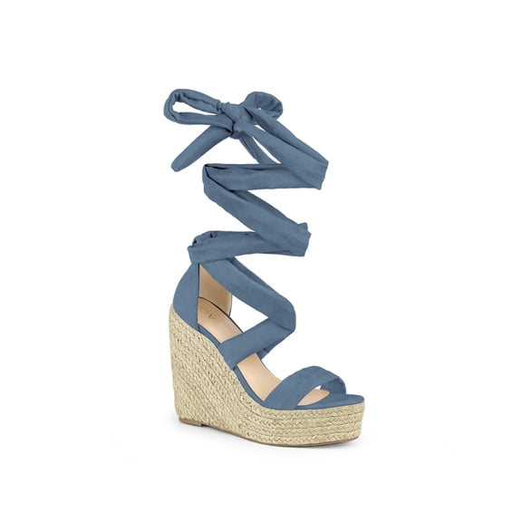BLISSFUL STEP Women's Shoes Faux Suede Platform Wedge Heel Lace Up Open Toe Sandals Haze Blue 10