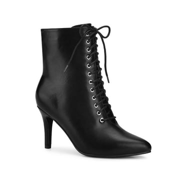Allegra K Women's Lace Up Pointed Toe Stiletto Heels Ankle Boots