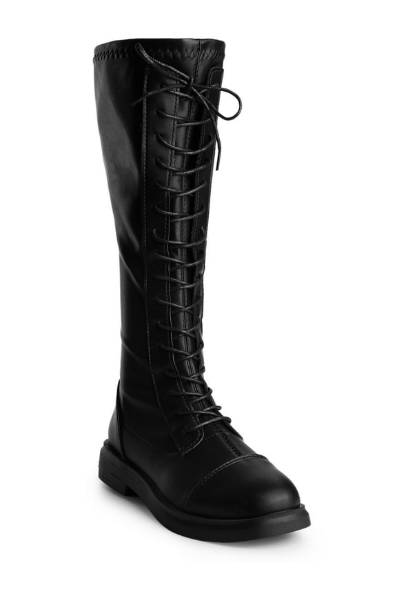 Women's Boots Lace-Up Knee High Round Toe Flat Faux Leather Combat Boots Black 7.5