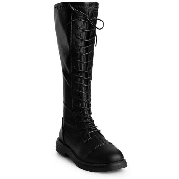 BLISSFUL STEP Women's Boots Lace-Up Knee High Round Toe Flat Faux Leather Combat Boots Black 7