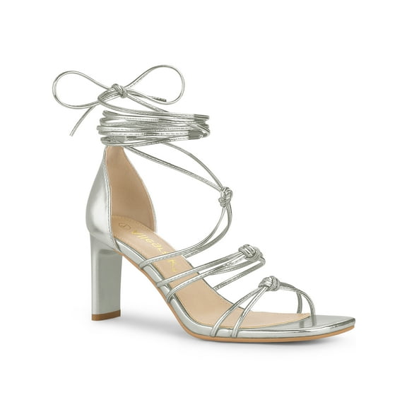 BLISSFUL STEP Women's Lace Up Strappy Block High Heels Sandals Silver 7