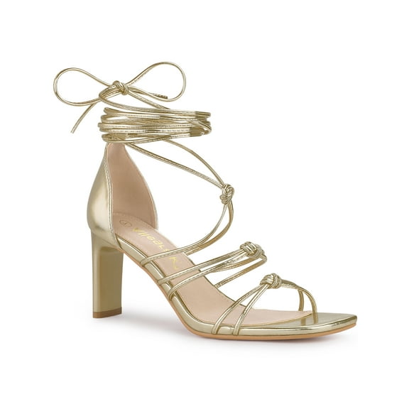 BLISSFUL STEP Women's Lace Up Strappy Block High Heels Sandals Gold 7