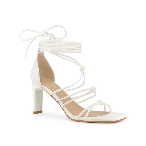 BLISSFUL STEP Women's Lace Up Strappy Block High Heels Sandals White 9