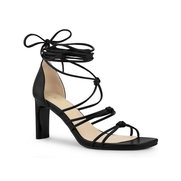 BLISSFUL STEP Women's Lace Up Strappy Block High Heels Sandals Black 9