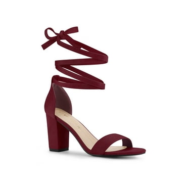 Allegra K Women's Lace Up and Ankle Strap Block Heel Sandals Burgundy 10