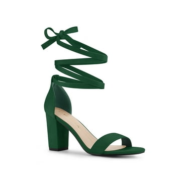 BLISSFUL STEP Women's Lace Up and Ankle Strap Block Heel Sandals Green 9