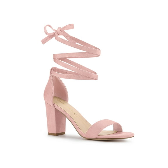 BLISSFUL STEP Women's Lace Up and Ankle Strap Block Heel Sandals Light Pink 7