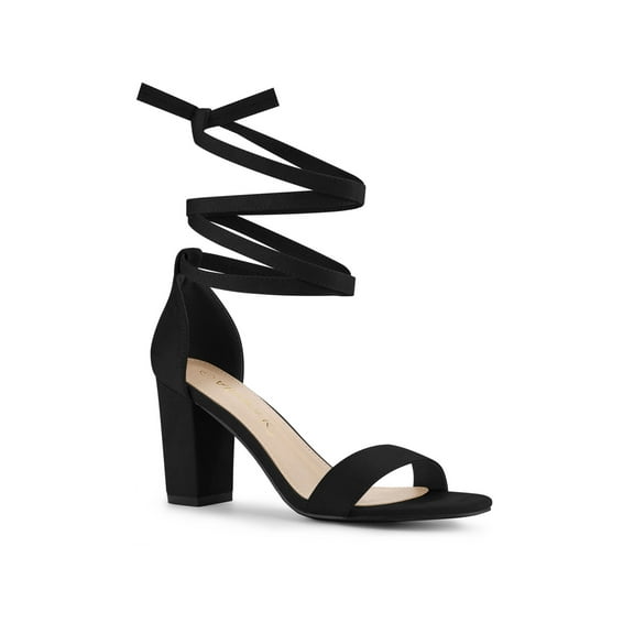 BLISSFUL STEP Women's Lace Up and Ankle Strap Block Heel Sandals Black 7