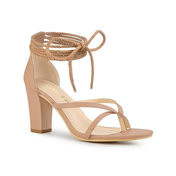 BLISSFUL STEP Women's Lace Up Heels Block Heel Flip Flops Sandals Nude 10