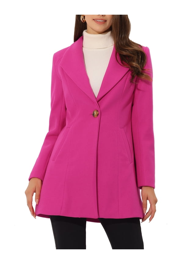 Women's Lapel Collar Buttoned Outwear Elegant Work Notch Trench Winter Coat M Hot Pink