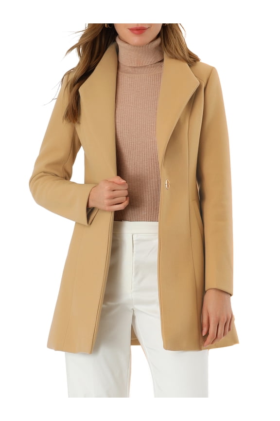 Women's Lapel Collar Buttoned Outwear Elegant Work Notch Trench Winter Coat S Khaki