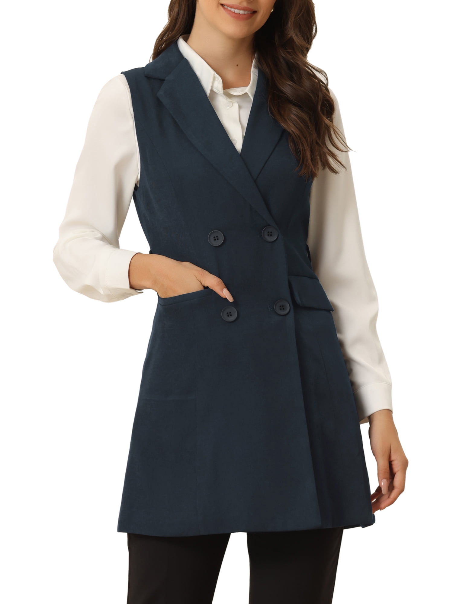 Women Rust Double-Breast Sleeveless Longline Blazer
