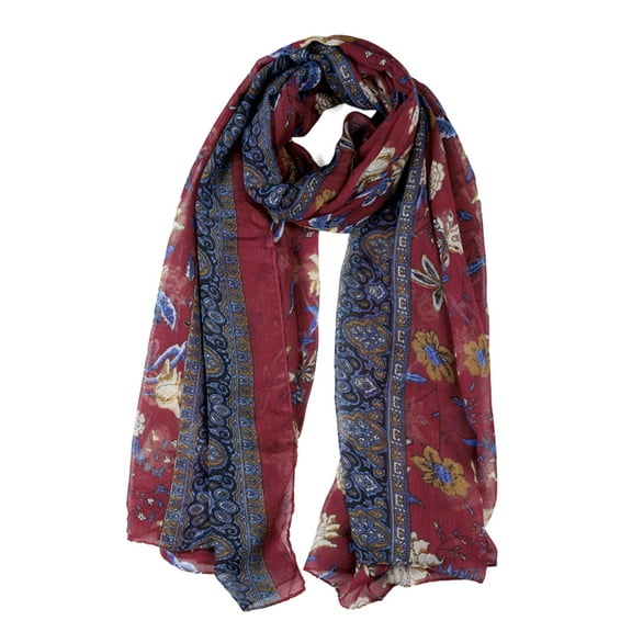 INSPIRE CHIC Women's Large Balinese Yarn Floral Print Scarves Beach Shawl Vintage Wrap Burgundy