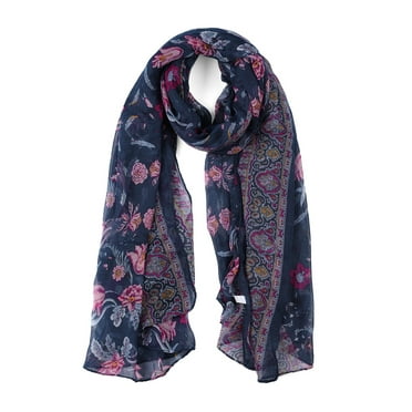 Allegra K Women's Large Balinese Yarn Floral Print Scarves Beach Shawl Vintage Wrap Navy Blue