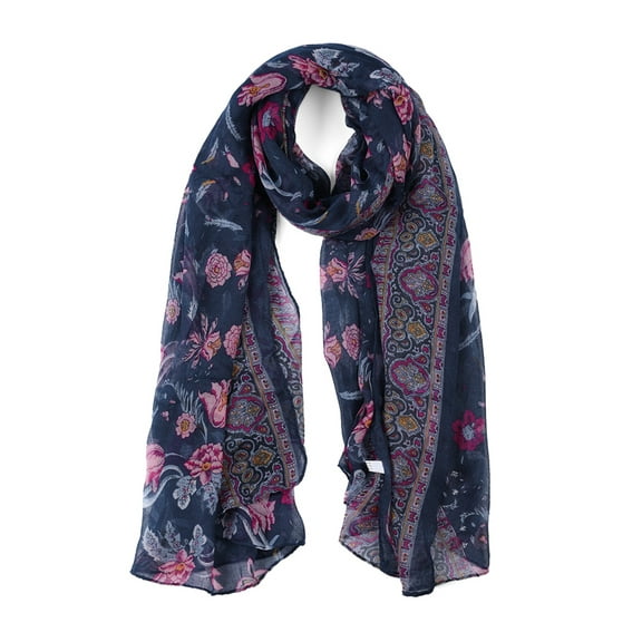 INSPIRE CHIC Women's Large Balinese Yarn Floral Print Scarves Beach Shawl Vintage Wrap Navy Blue