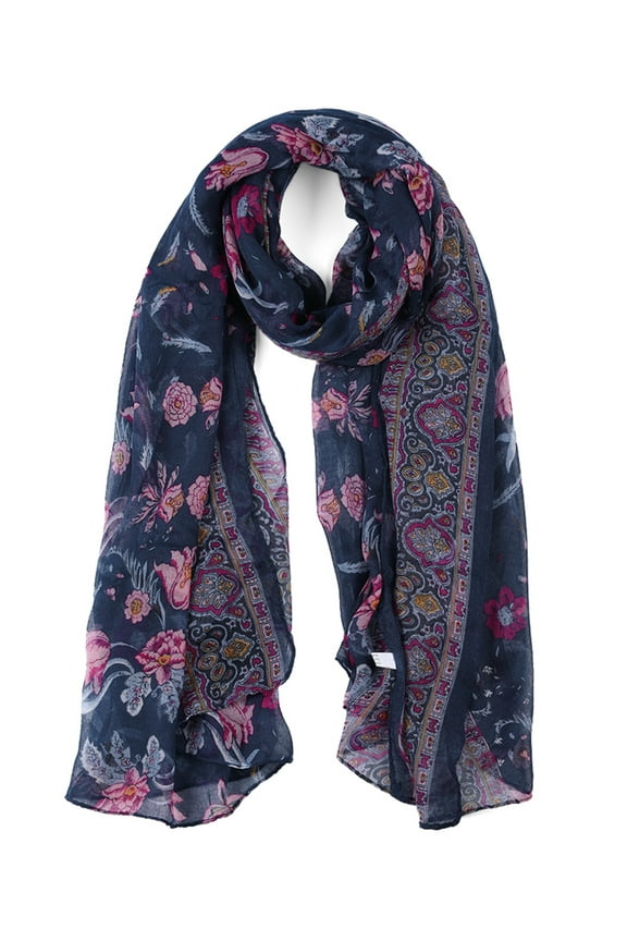 Women's Large Balinese Yarn Floral Print Scarves Beach Shawl Vintage Wrap Navy Blue