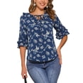 thumbnail image 1 of INSPIRE CHIC Women's Layered Ruffle Elbow Sleeve Ruffled Tie-Neck Floral Blouse S Navy Blue, 1 of 8