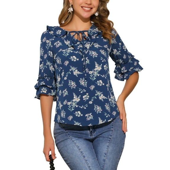 INSPIRE CHIC Women's Layered Ruffle Elbow Sleeve Ruffled Tie-Neck Floral Blouse S Navy Blue