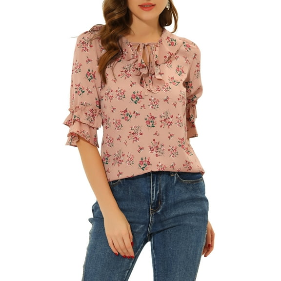 INSPIRE CHIC Women's Layered Ruffle Elbow Sleeve Ruffled Tie-Neck Floral Blouse XL Pink