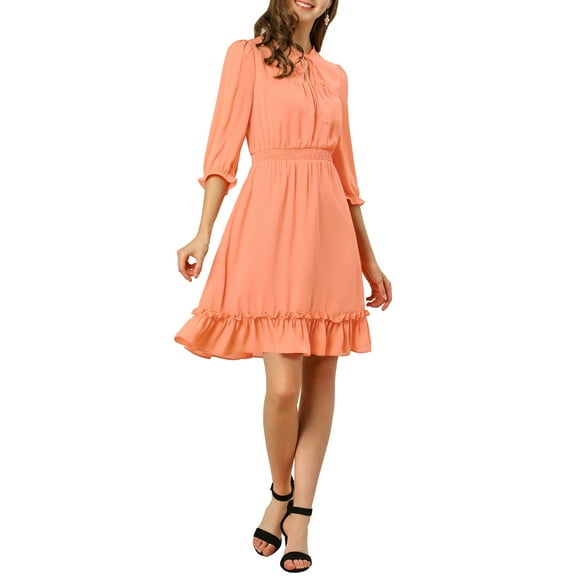 INSPIRE CHIC Women's Layered Ruffle Hem 3/4 Sleeves Smocked Chiffon A-Line Dress L Salmon
