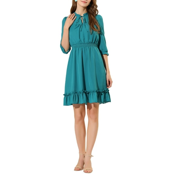 INSPIRE CHIC Women's Layered Ruffle Hem 3/4 Sleeves Smocked Chiffon A-Line Dress S Lake Green